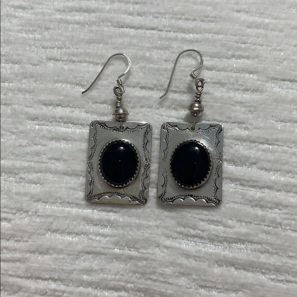 Square sterling silver with onyx dangling earrings